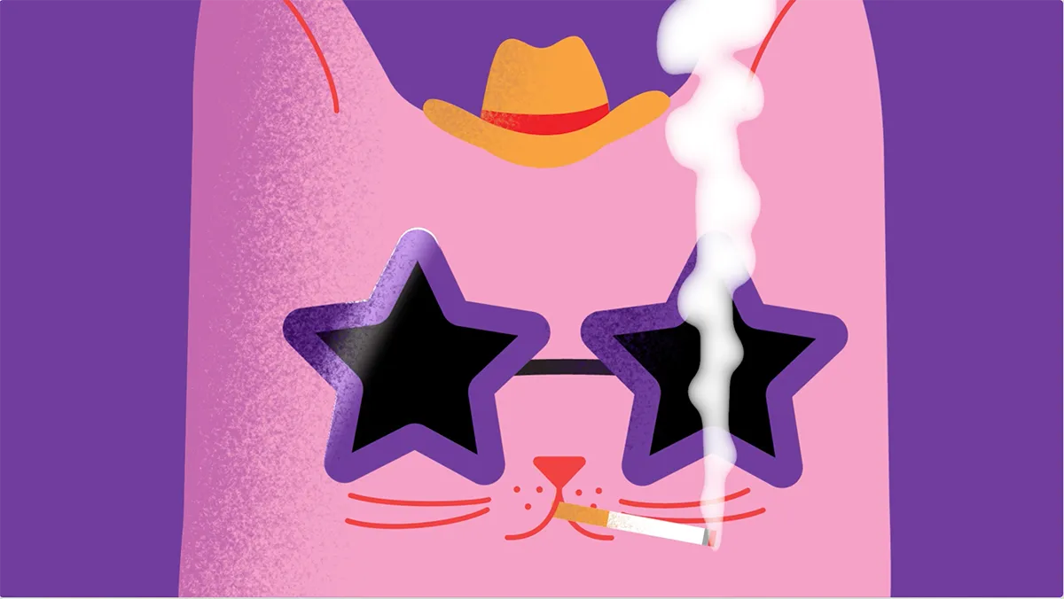 An animated cat with sunglasses and a cowboy hat is smoking a cigarette.