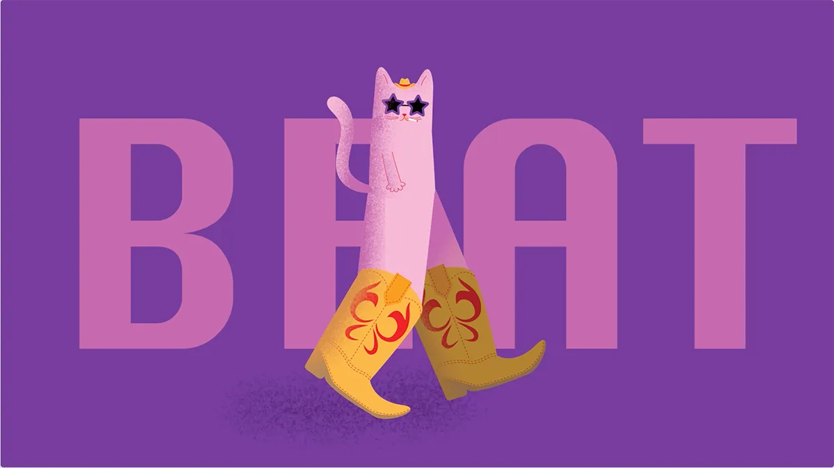 An animated cat with cowboy boots and sunglasses walking through the frame.