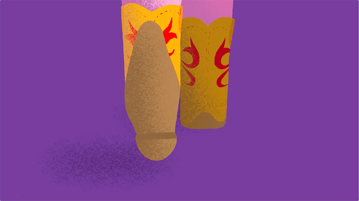 An illustration of feet in Cowboy boots walking towards the viewer.