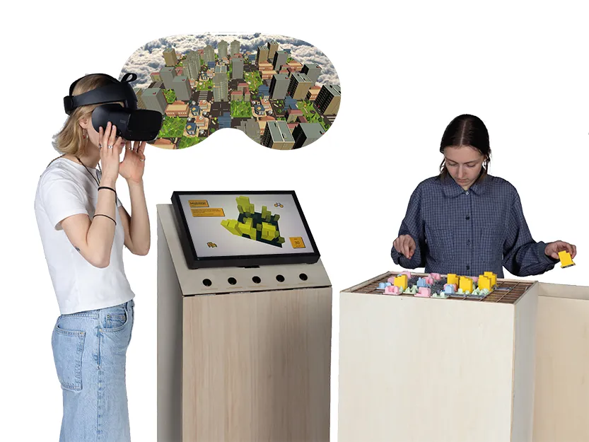 Two people playing with Urbanova, showing the concept of the installation.