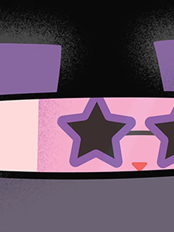 An animated cat with sunglasses looks through the rear-view mirror of a car.