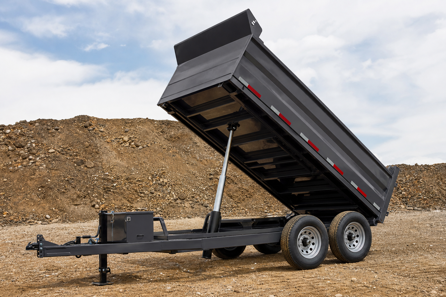 Black dump trailer with raised bed, dual wheels, and hydraulic lift on dirt ground with gravel pile.