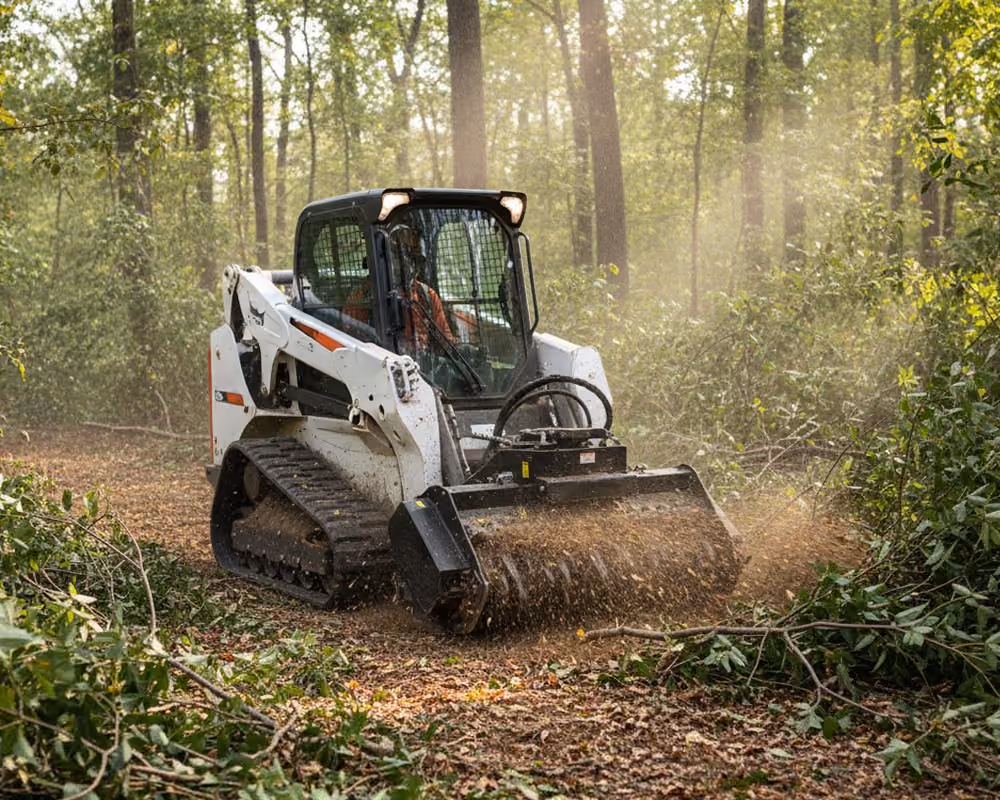 Tracked skid steer clearing brush in wooded area with debris flying from attachment.