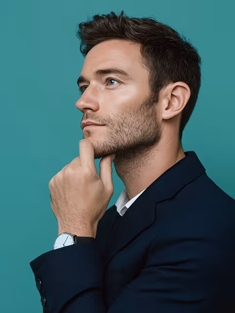 A serious professionally dressed man with his hand on his chin, portraying strategic thinking and leadership in recruitment decisions.