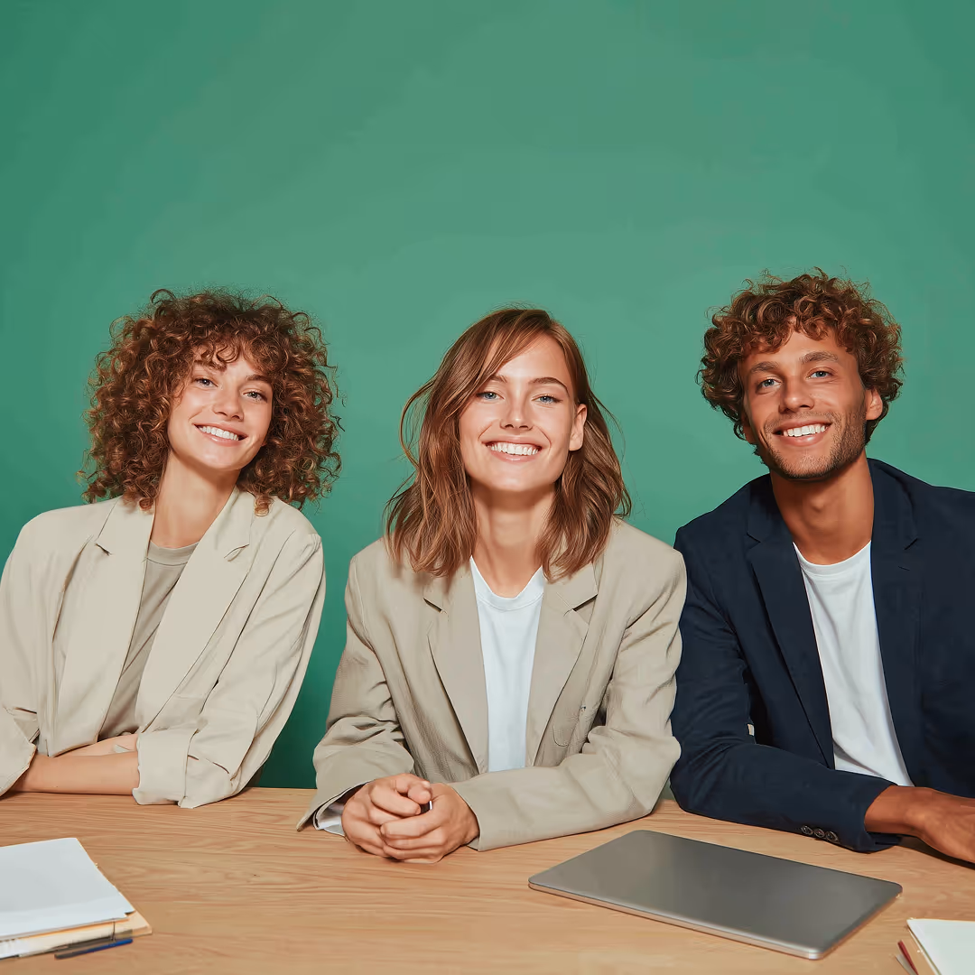 A group of three professionals in a business meeting, illustrating teamwork and strategic hiring collaboration.