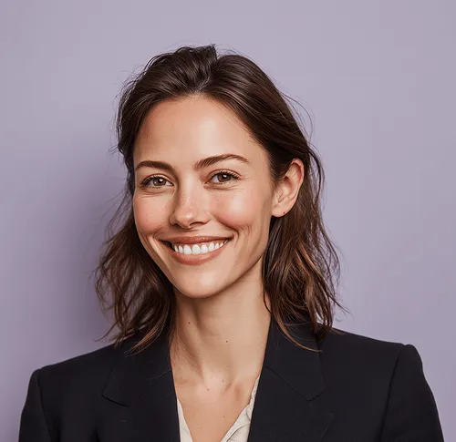 A formally dressed woman smiling confidently, conveying professionalism and trust in recruitment services.