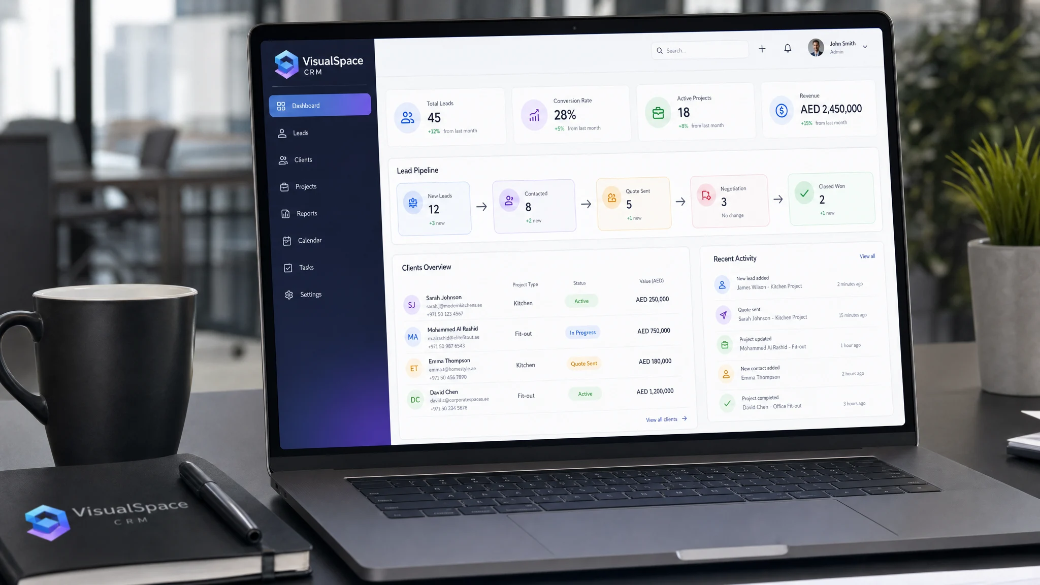 VisualSpace CRM dashboard — lead pipeline and client management for steel kitchen companies Dubai