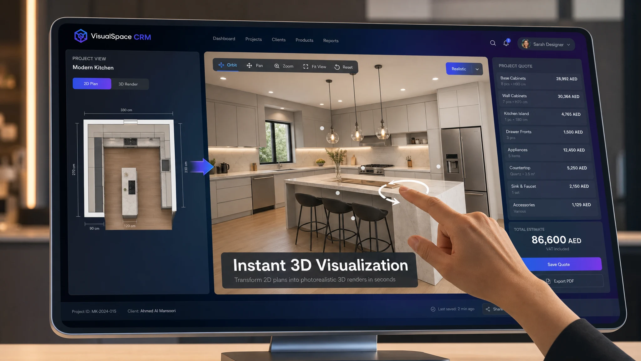 VisualSpace 3D kitchen visualization — three.js photorealistic render from 2D plan