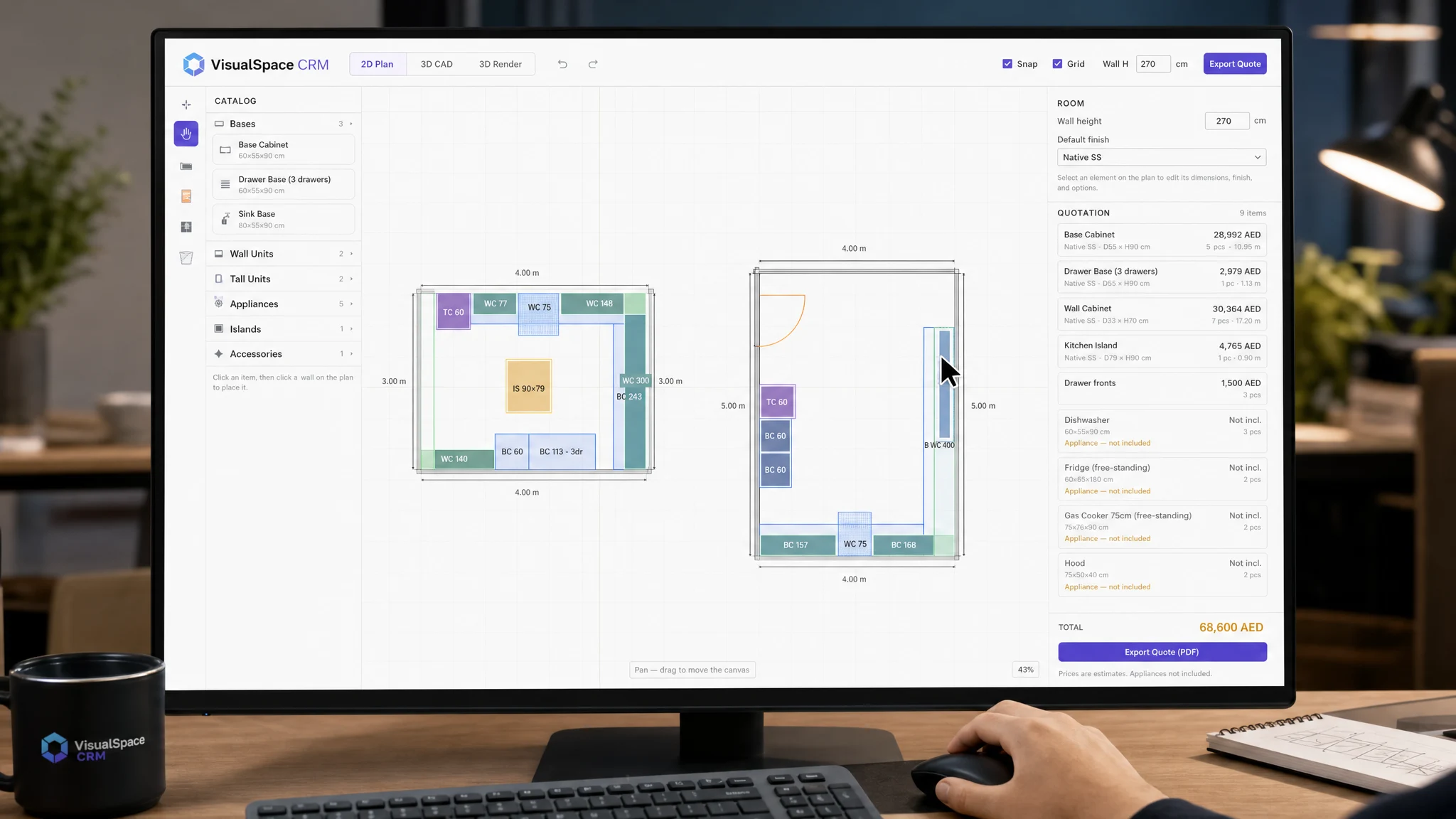 VisualSpace 2D floor plan designer — real CAD kitchen design browser tool with live AED pricing
