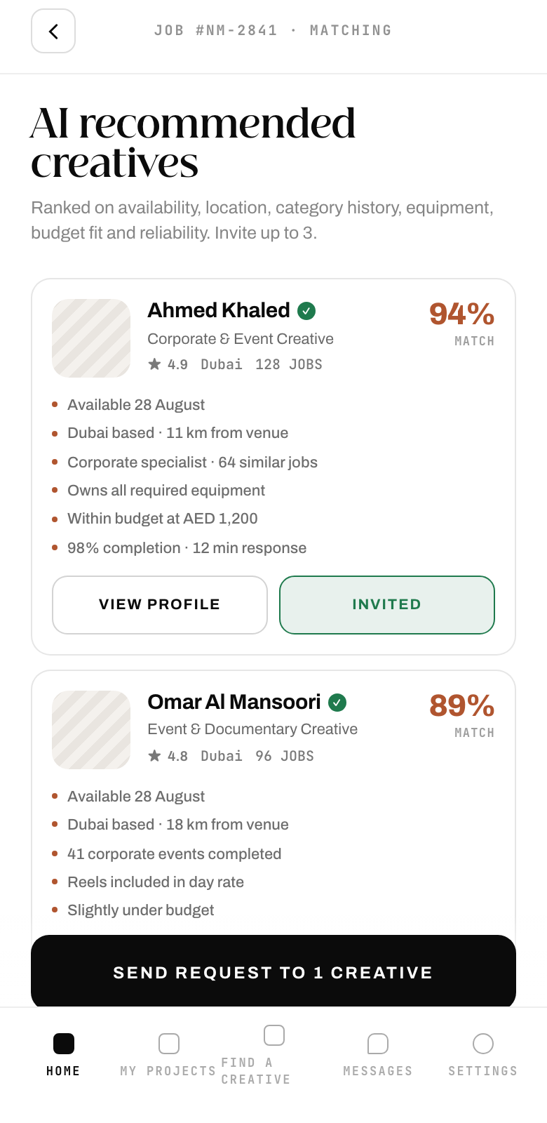 NAQSH MEDIA app — AI recommended creatives with match scores