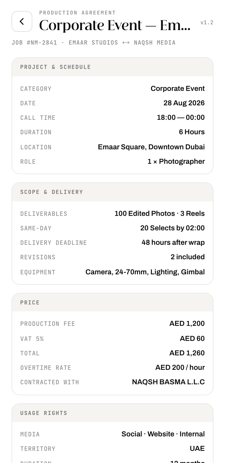 NAQSH MEDIA app — scope-locked production agreement