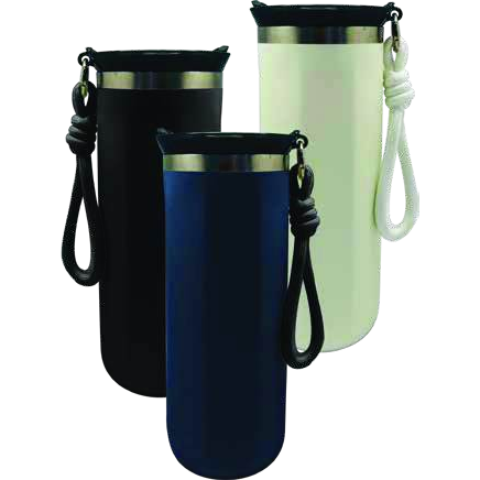 Insulated stainless steel bottles with carry straps in three colours for corporate gifting