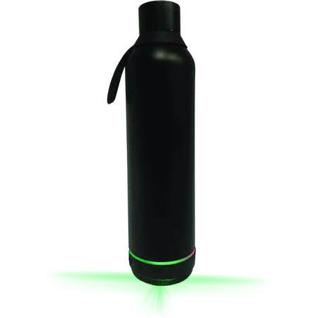 Black double-walled stainless steel vacuum bottle branded as a corporate gift