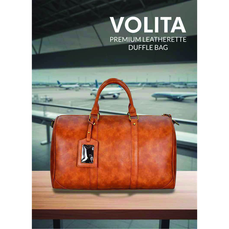 Volita premium leatherette duffle bag with gun metal plate for engraved branding