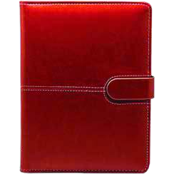 Red leatherette organiser with magnetic strap closure, branded with a debossed logo