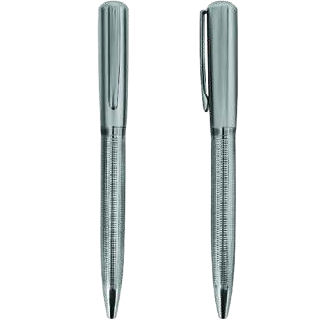 Two branded metal ballpoint pens ready for laser engraving with a company logo
