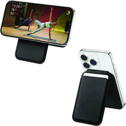 Magnetic card holder that folds out into a phone stand, branded as a promotional giveaway
