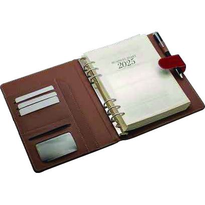 Leather dated diary organiser with card slots and replaceable inserts