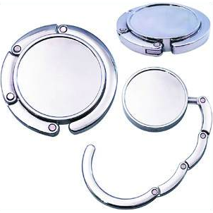 Chrome table bag hangers with a 3cm metal branding area for engraved logos