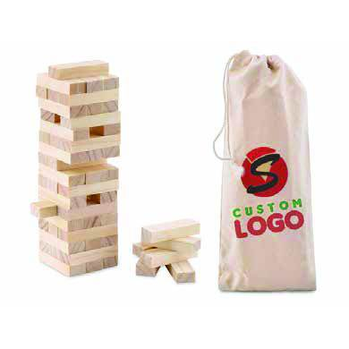 Wooden block tower game with a printed cotton pouch as a sustainable corporate gift