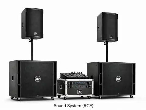 RCF sound system with tops, subwoofers and mixer owned by Naqsh Media for sound system rental in Dubai