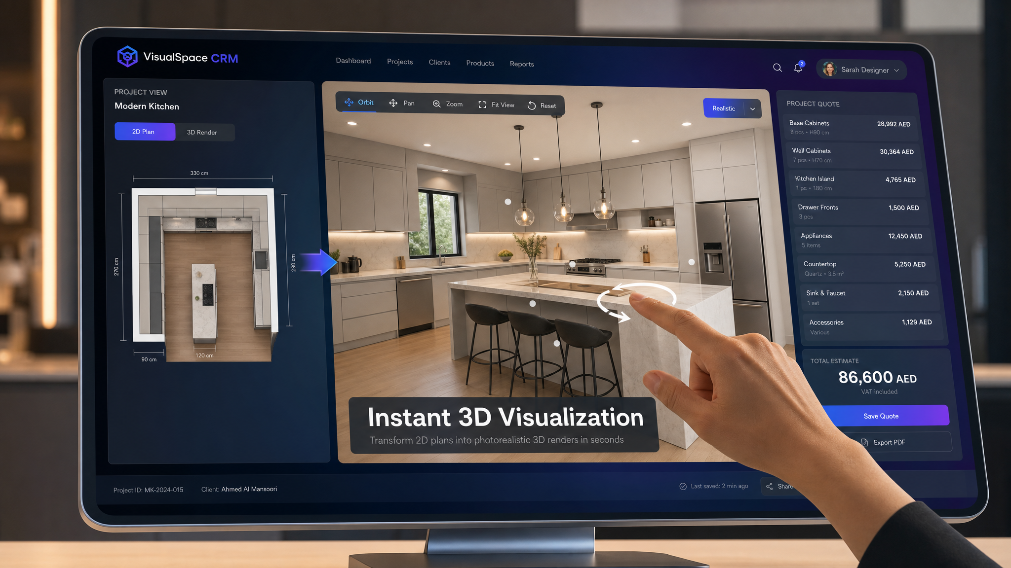 VisualSpace 2D and 3D kitchen CRM interactive 3D visualization screen