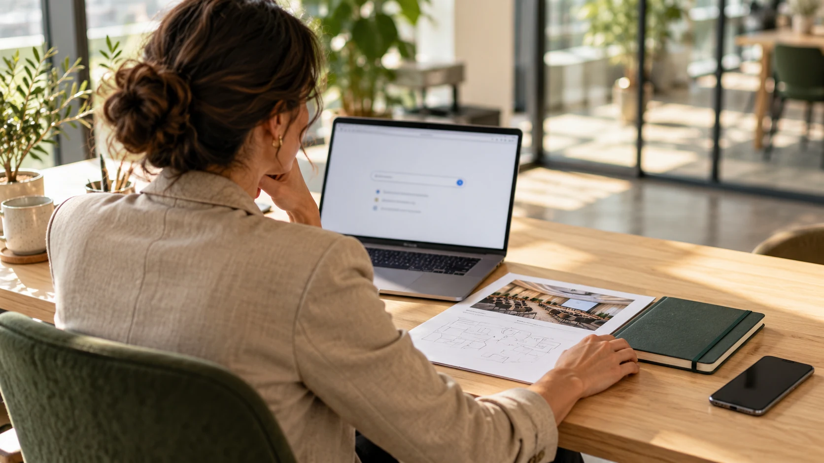 Illustrative scene of a marketer reviewing a corporate-event brief beside a laptop with a generic search interface.