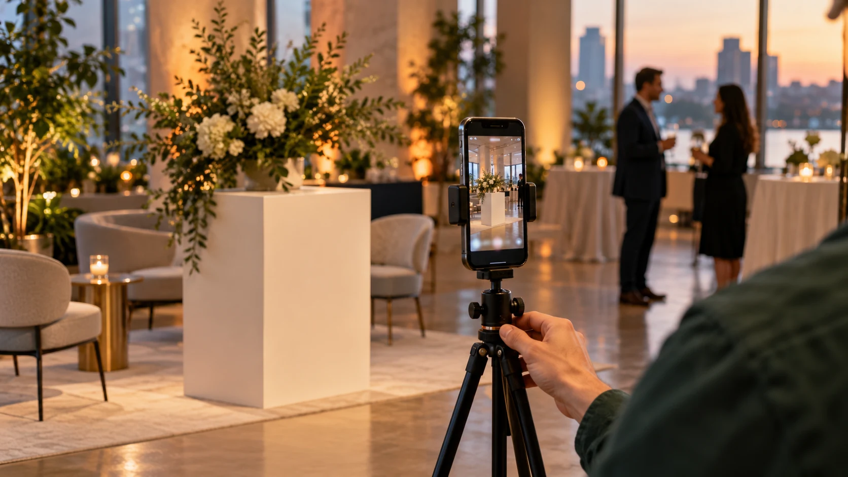 Illustrative scene of a content creator filming a corporate-event reception with a smartphone on a tripod.