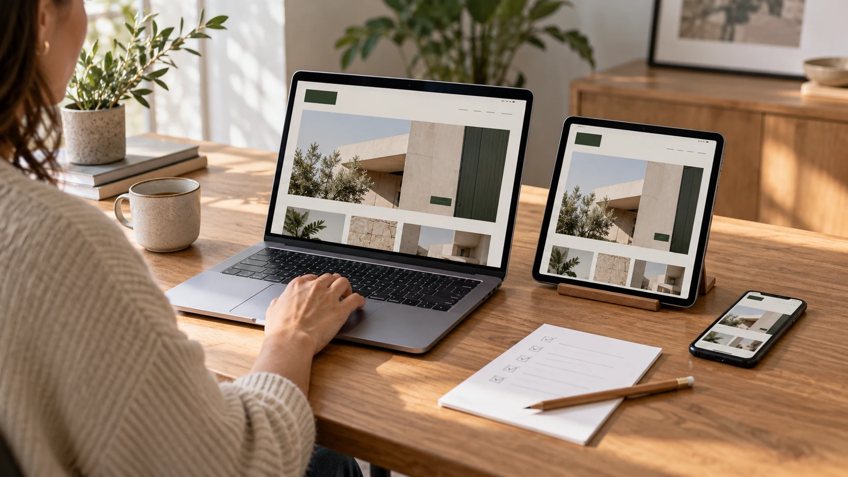 Illustrative scene of a designer checking a responsive website across laptop, tablet and smartphone before launch.