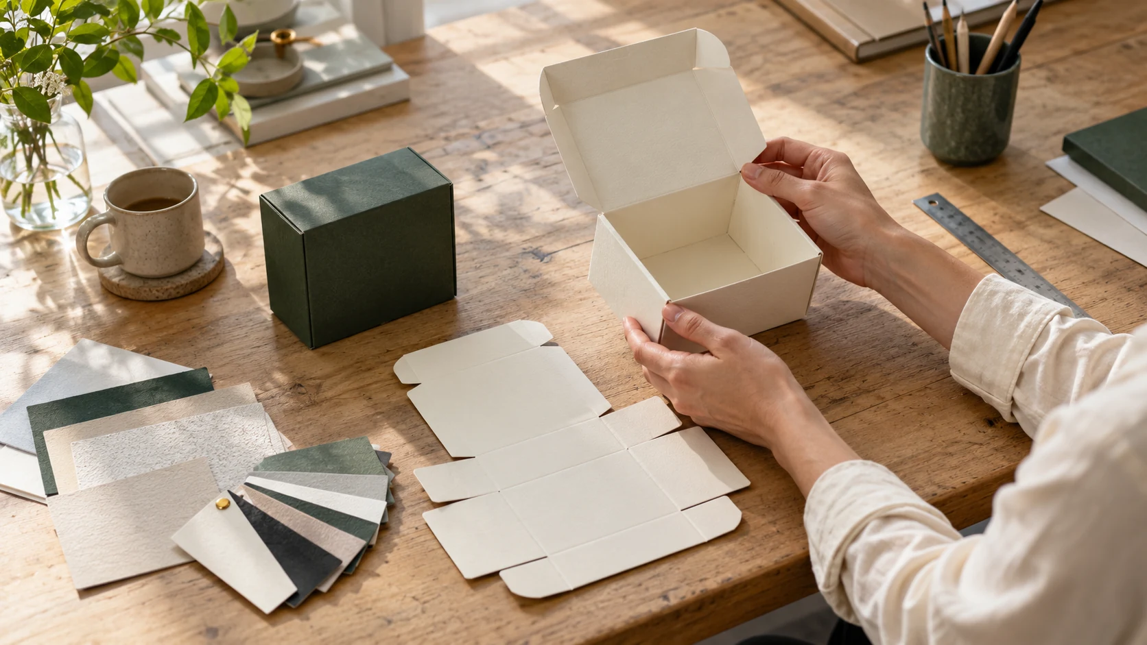 Illustrative scene of a designer inspecting packaging proofs and paper samples on a studio worktable.