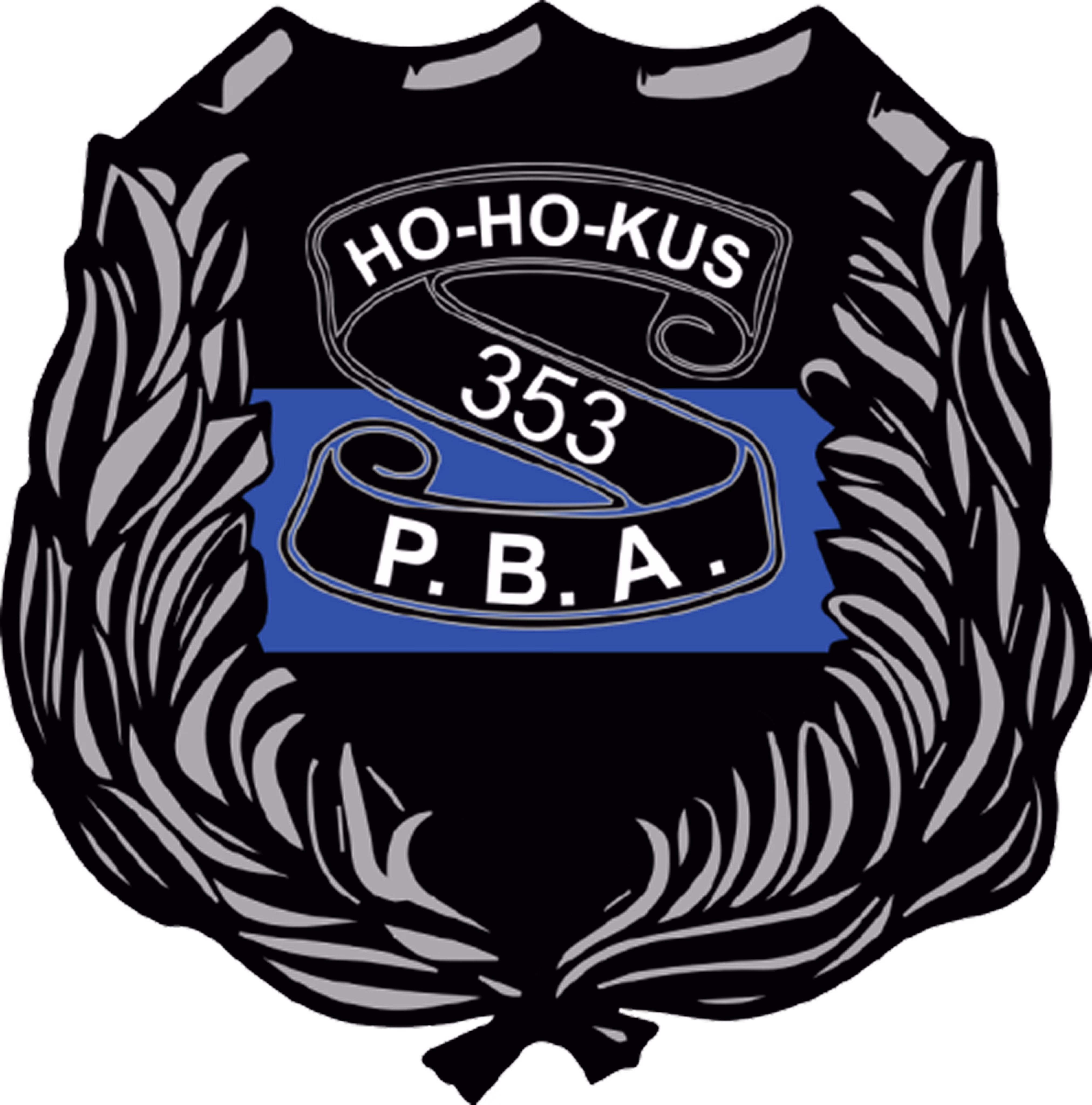 Police badge shaped emblem with laurel wreaths surrounding a blue thin line and text 'HO-HO-KUS 353 P.B.A.'