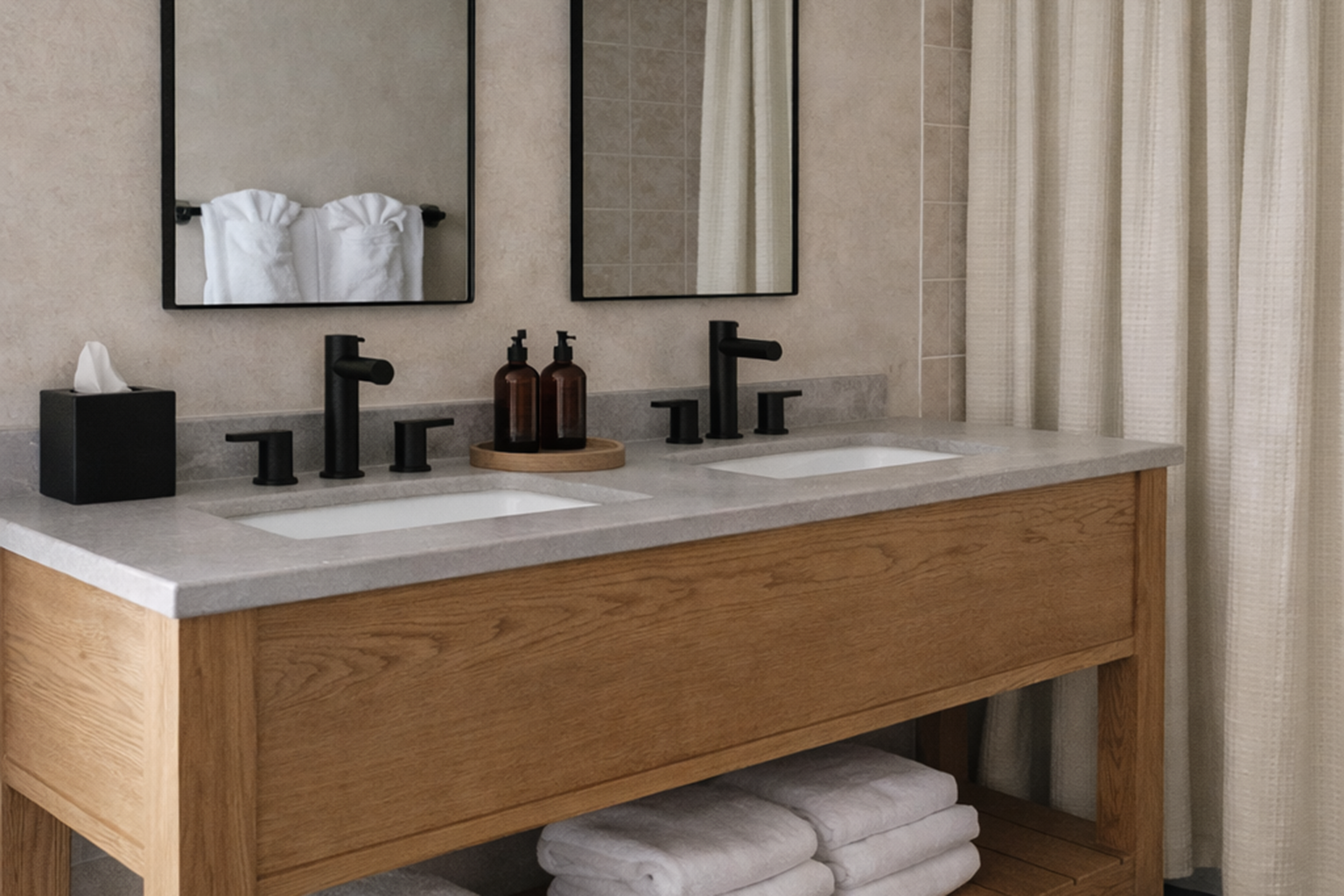Modern bathroom with a wooden vanity holding white folded towels, a large mirror, black fixtures, beige tiled shower with a white curtain, and gray tiled floor.