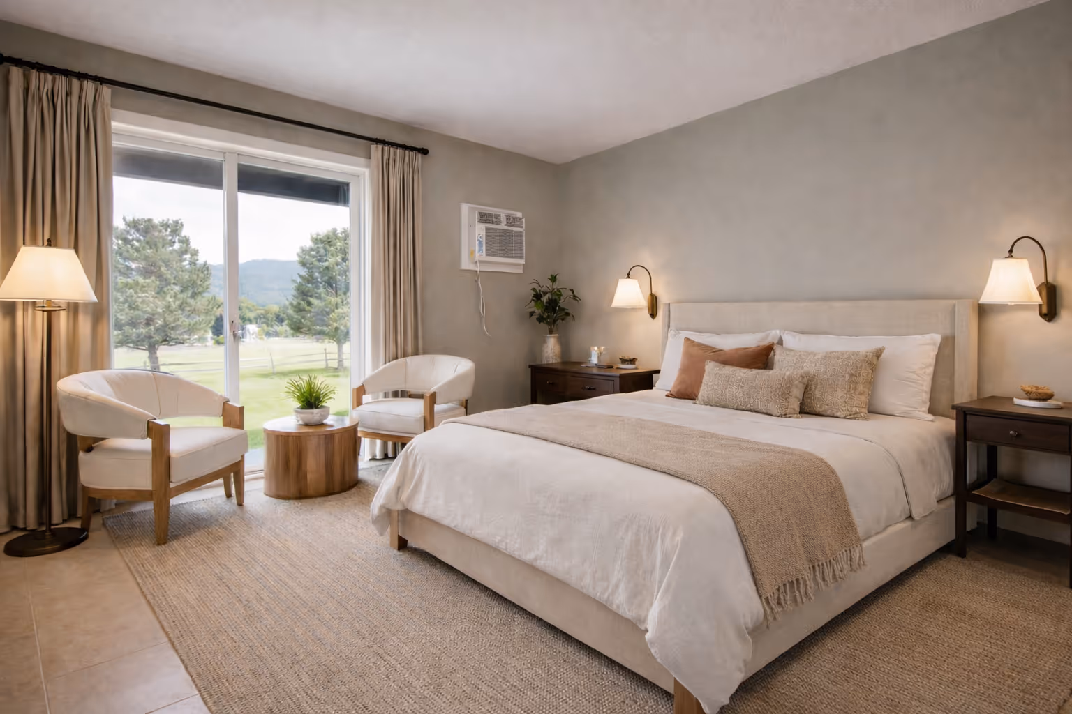 Modern bedroom with king-sized bed featuring neutral bedding, two armchairs, a round wooden table, and a large sliding glass door with a view of trees and mountains.