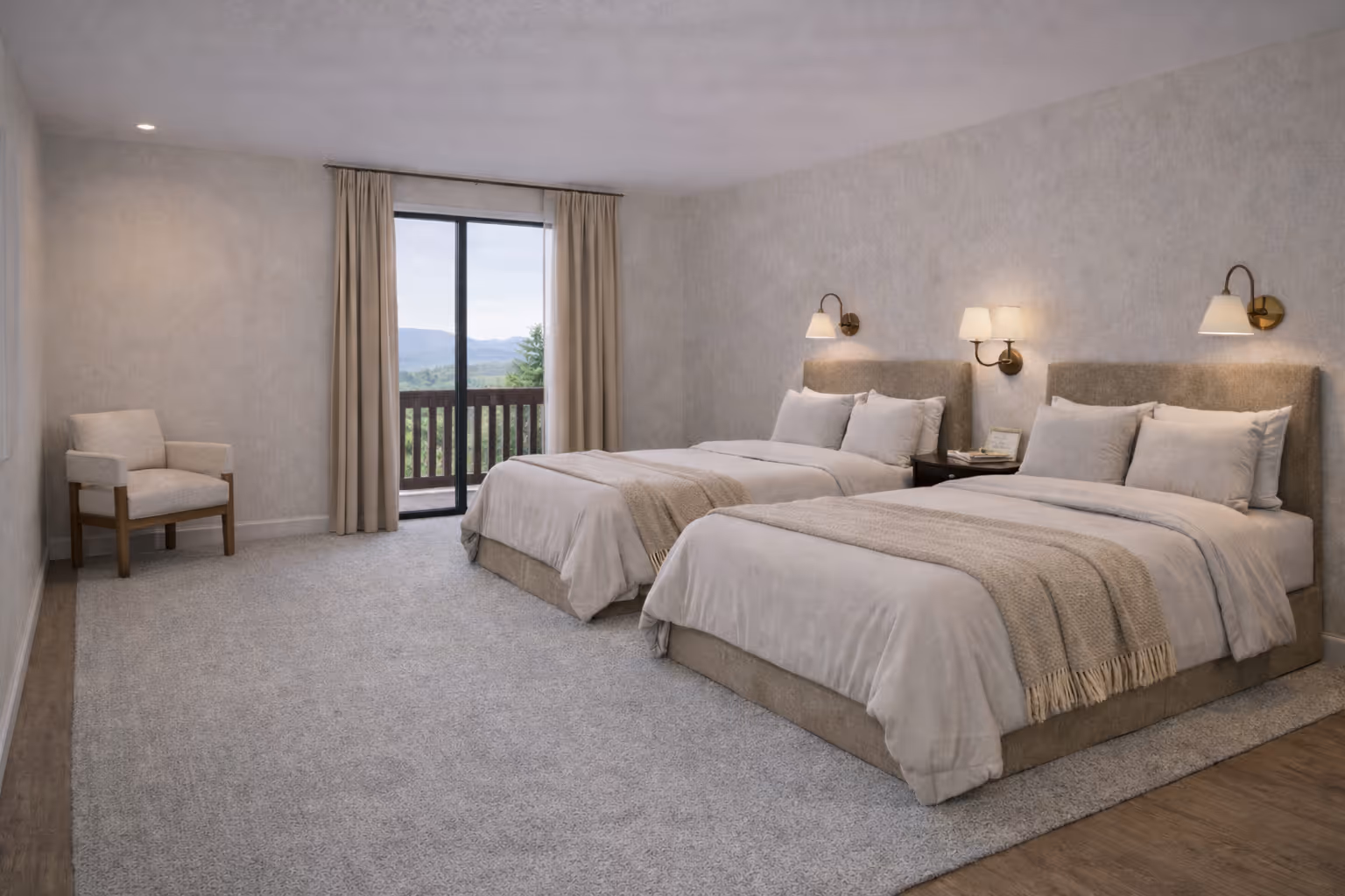 Modern hotel room with two queen beds, beige bedding, a soft carpet, a wooden chair, and a glass door leading to a balcony with a forest view.