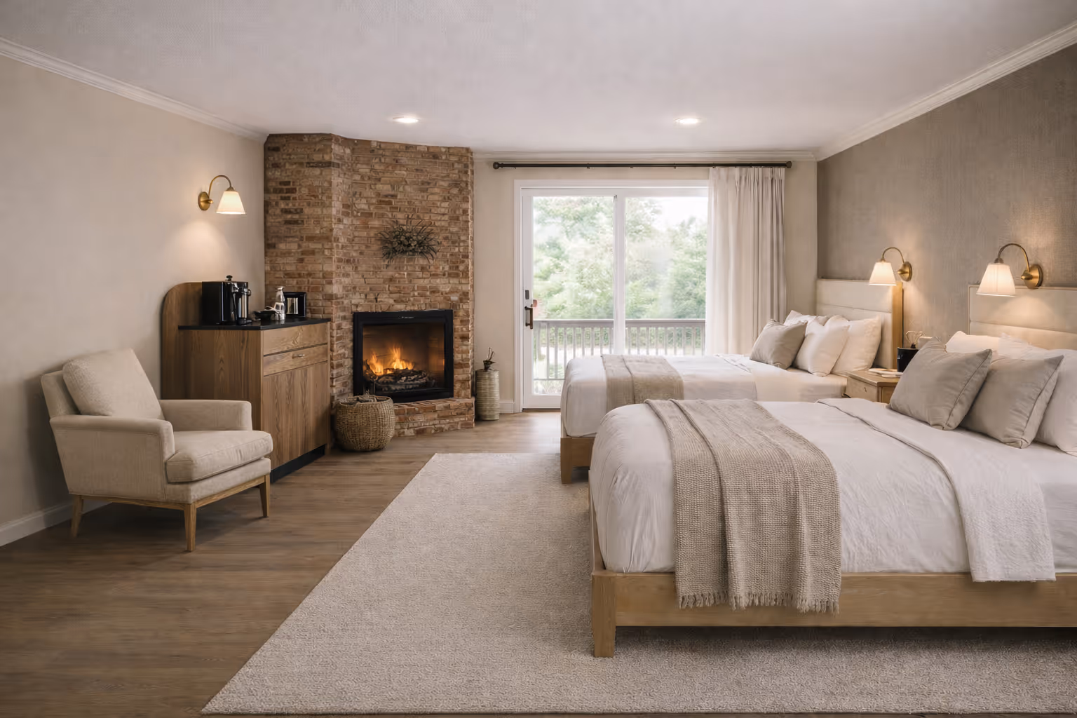 Spacious hotel room with two queen beds, a fireplace, a beige armchair, and a sliding glass door overlooking greenery.