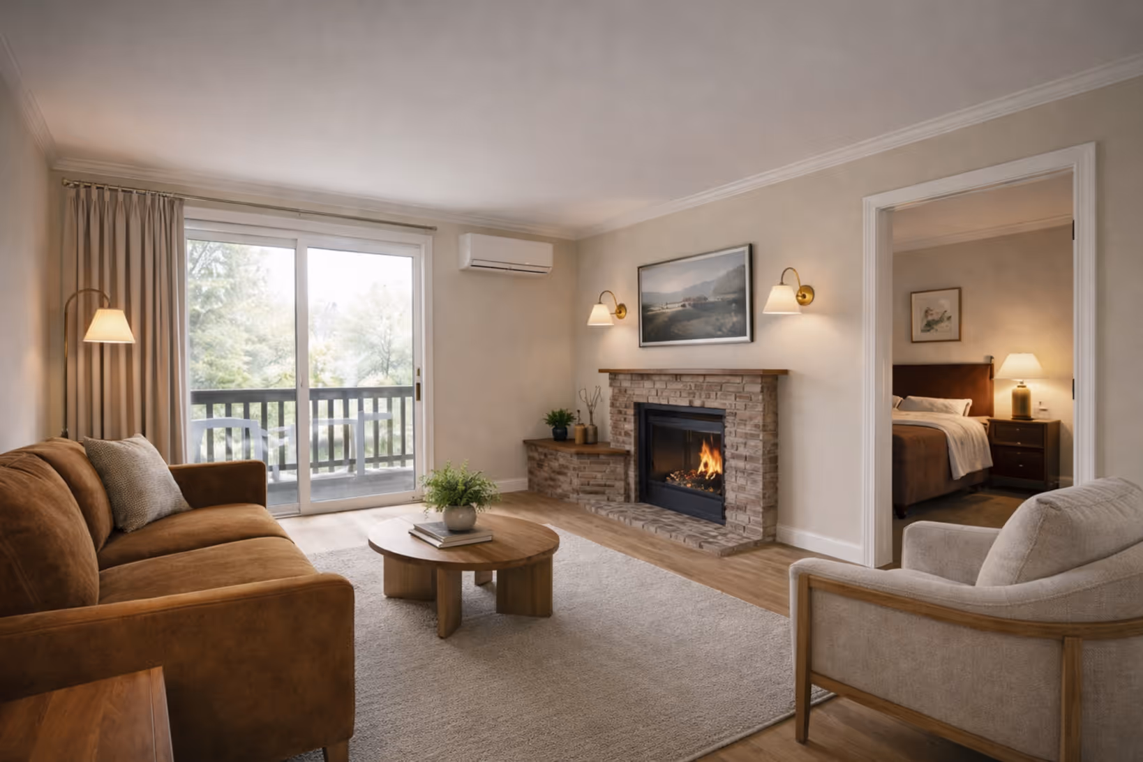 Cozy living room with brown sofa, stone fireplace with fire, sliding glass door to balcony, and view into a bedroom.