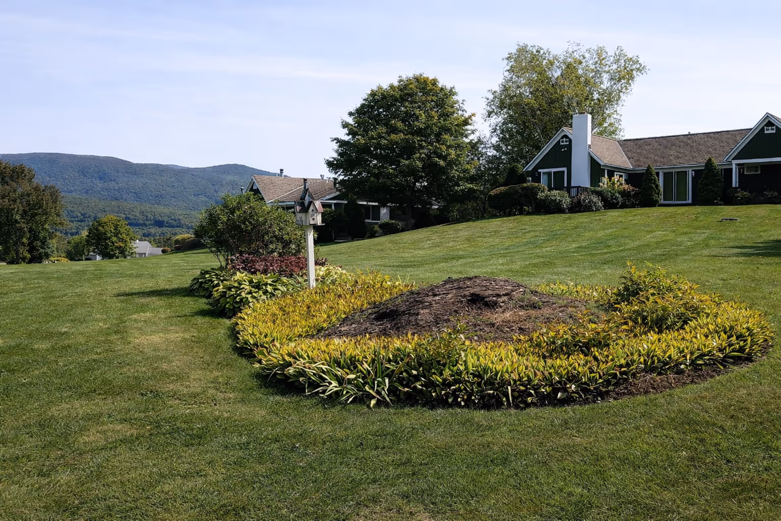 Well-maintained lawn with a circular flower bed featuring a birdhouse and bushes in front of houses with a mountainous background.
