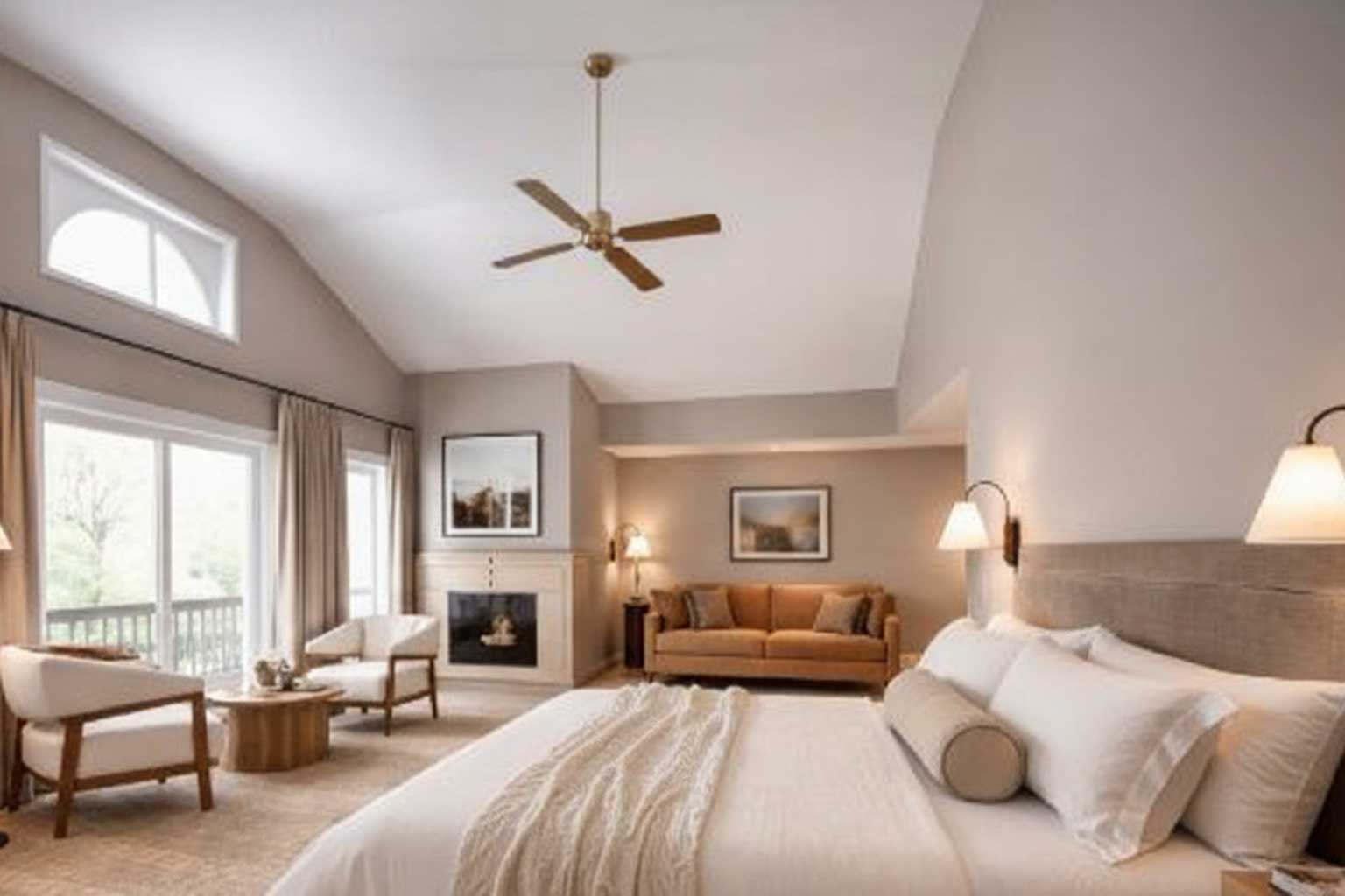 Spacious bedroom with a large bed, two armchairs by a wooden coffee table, a fireplace, and a sofa under framed artwork.