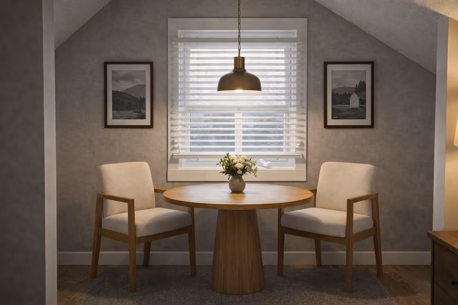 Small cozy dining nook with two beige cushioned wooden chairs, round wooden table with a flower vase, a hanging pendant light, and framed landscape pictures on the walls.