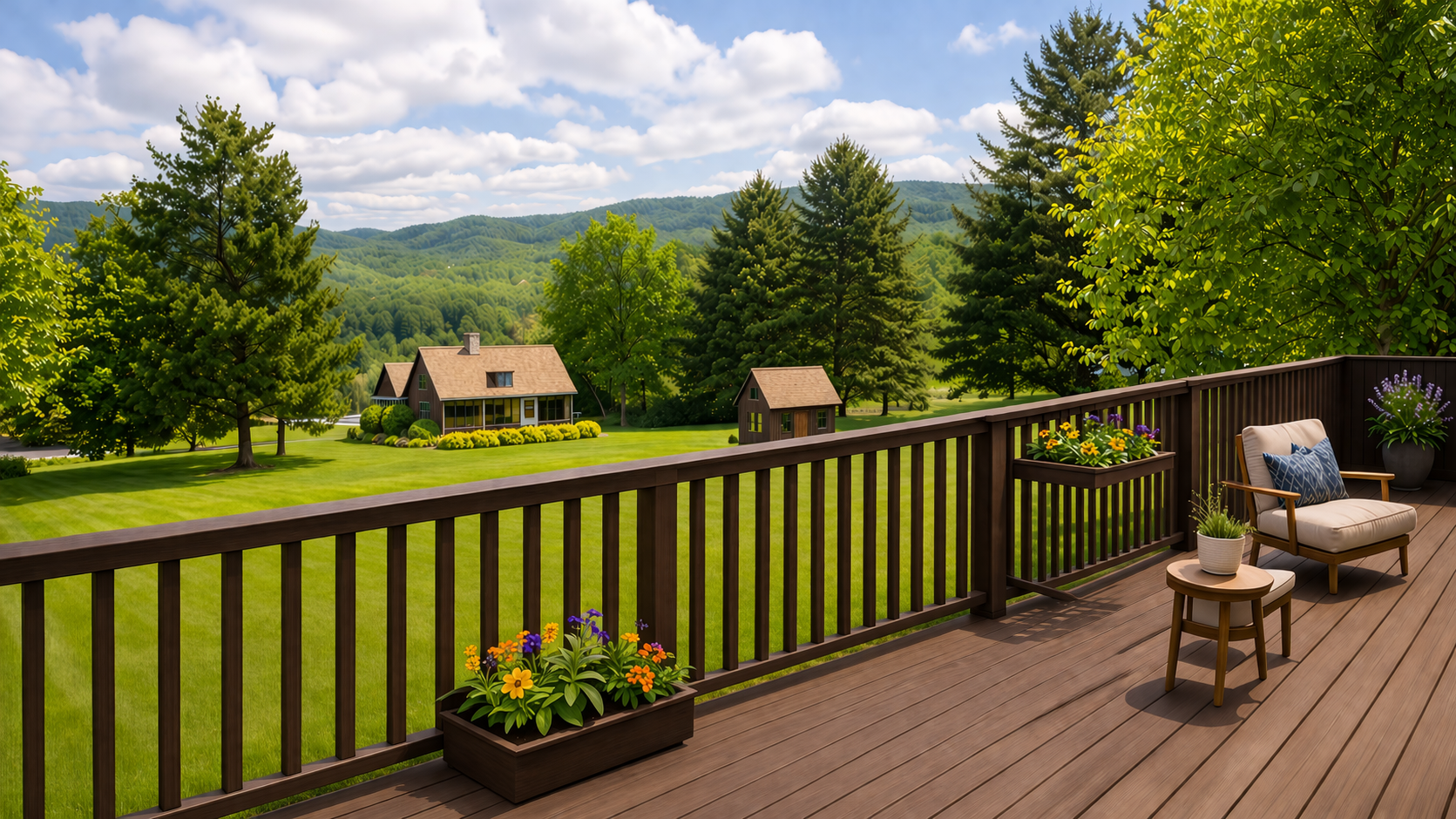 Wooden deck with cushioned chair, small table, flower boxes, overlooking a green lawn, trees, and houses with forested hills in the background under a partly cloudy sky.