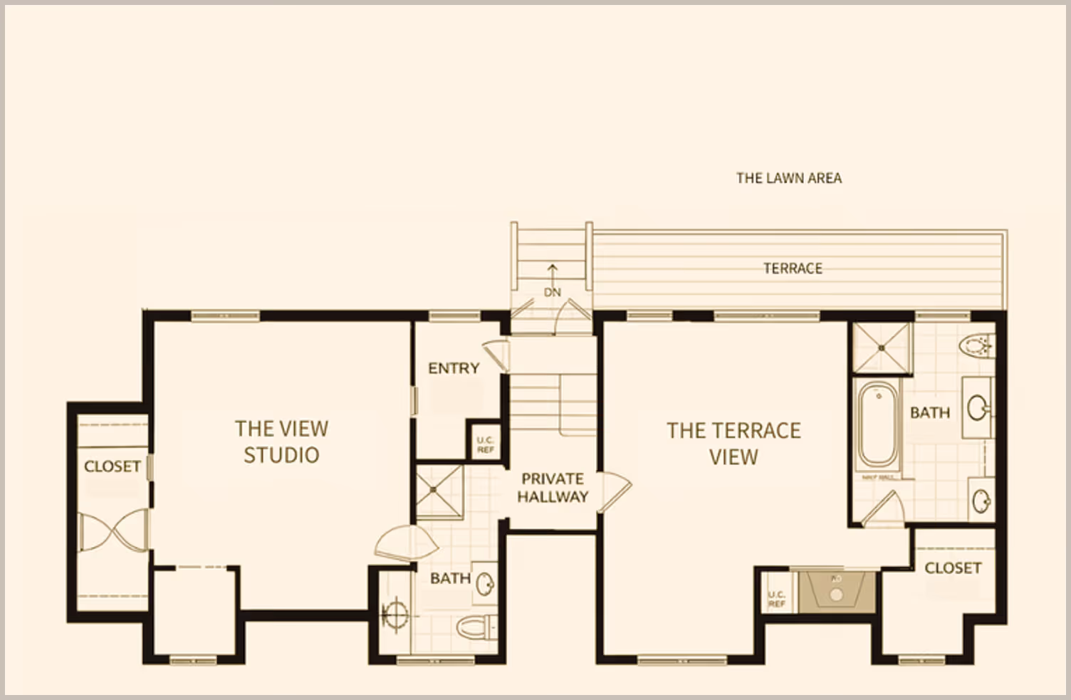 Floor plan showing two connected rooms, The View Studio with a closet and bath, and The Terrace View with a bath, closet, terrace, and lawn area accessible via a private hallway.