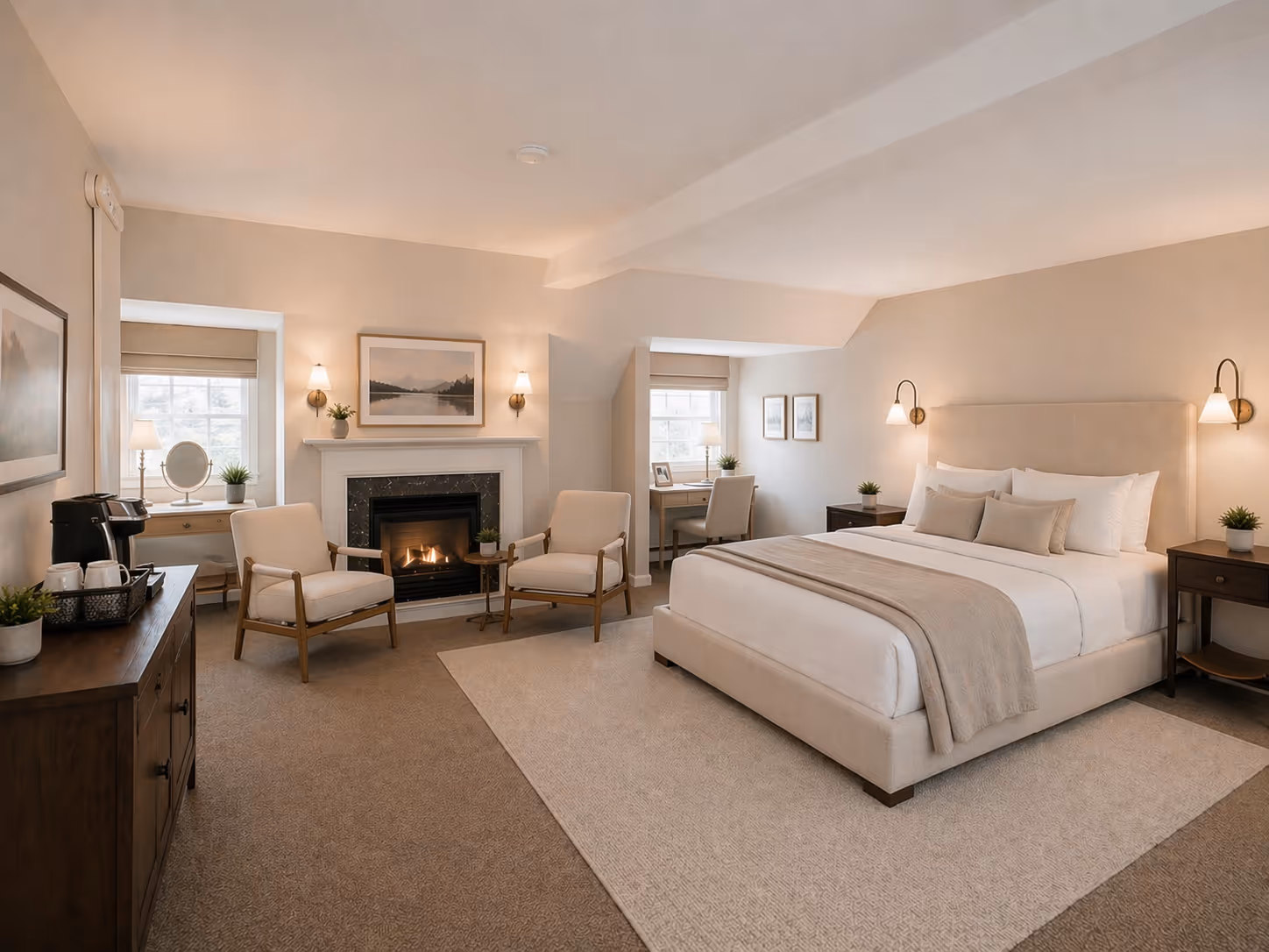 Spacious beige bedroom with fireplace, two armchairs, large bed, and desks by windows.