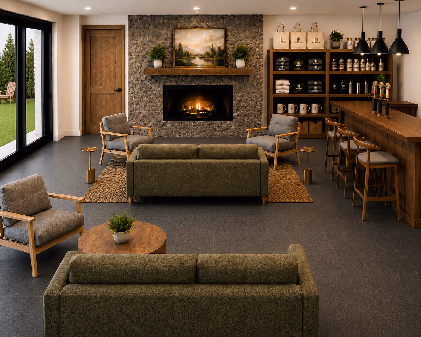 Modern lounge with green sofas, wooden armchairs, stone fireplace, and a bar with stools and shelves.
