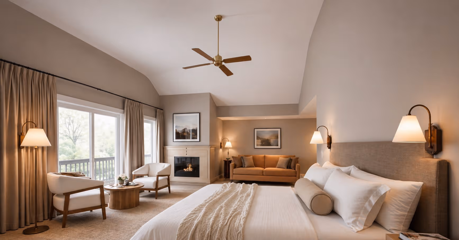 Cozy bedroom with large bed, two white chairs, fireplace, and brown sofa under vaulted ceiling.