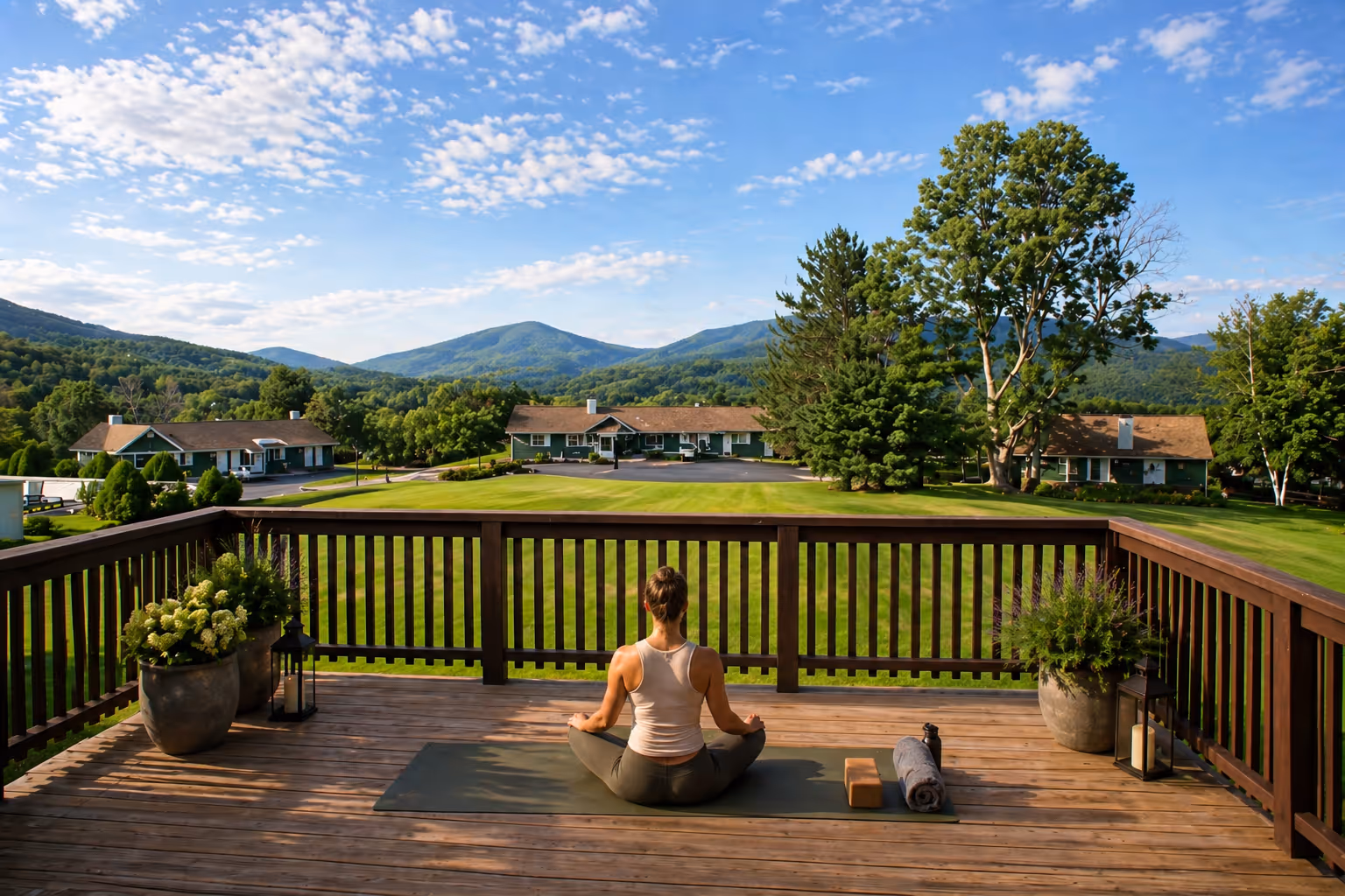 Woman sitting cross-legged on yoga mat on wooden deck overlooking green lawn and mountains.