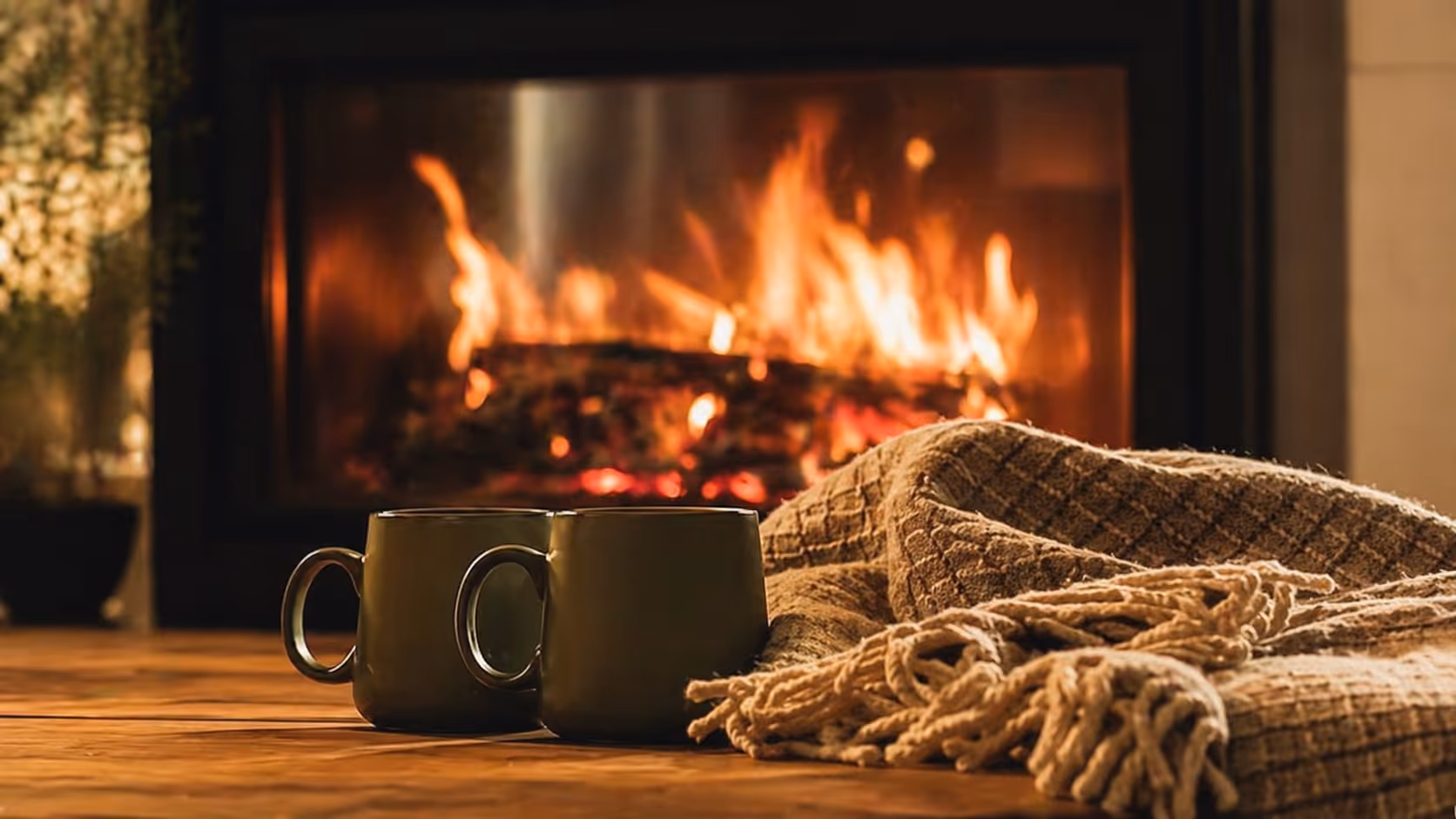 Two mugs and a textured blanket in front of a cozy lit fireplace on a wooden floor.