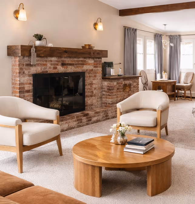 Living room with brick fireplace, two cushioned chairs, round wooden coffee table, and large windows with curtains.