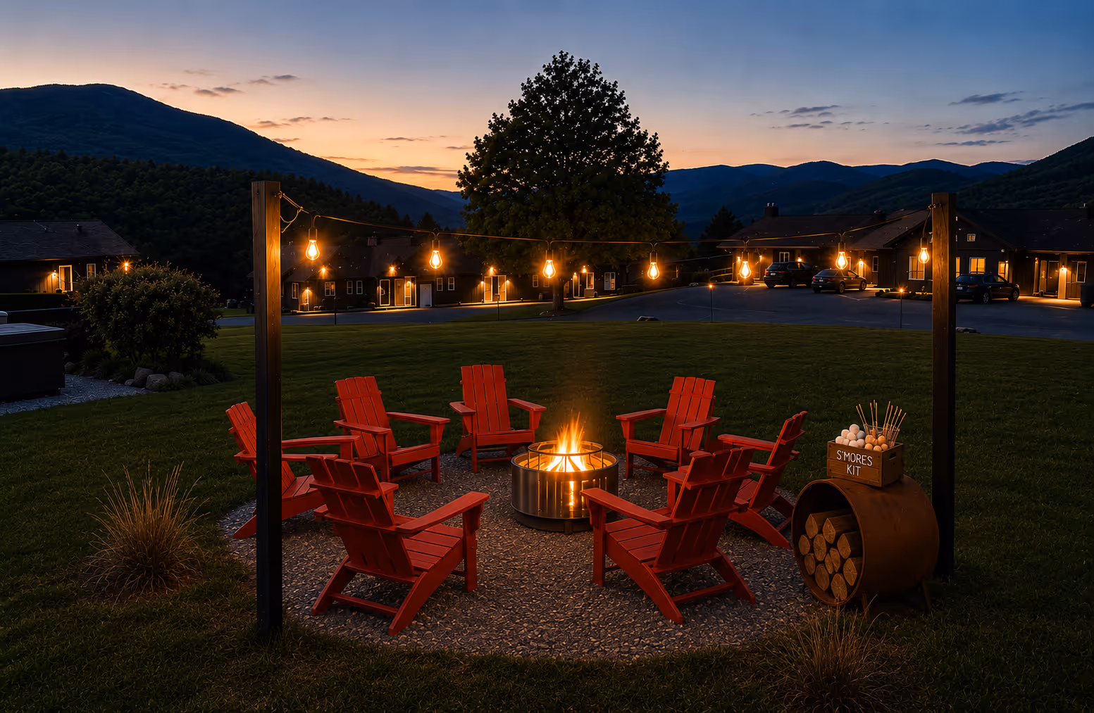Outdoor firepit surrounded by eight red chairs and string lights at dusk with a s'mores kit nearby.