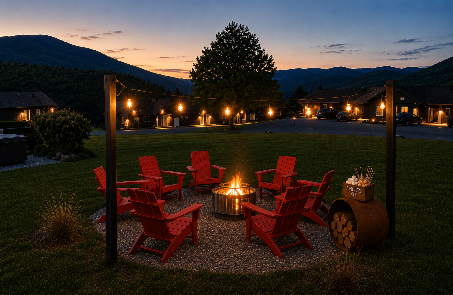 Outdoor firepit surrounded by eight red chairs and string lights at dusk with a s'mores kit nearby.