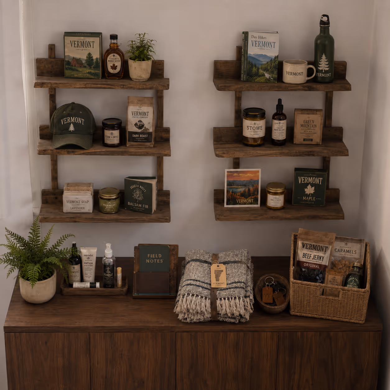 Wooden shelves and cabinet with Vermont-themed items including books, snacks, mug, hat, and cozy blanket.